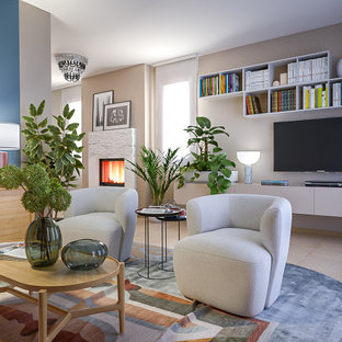 75+ Wohnzimmer mit Porzellan-Bodenfliesen und Kaminumrandung aus