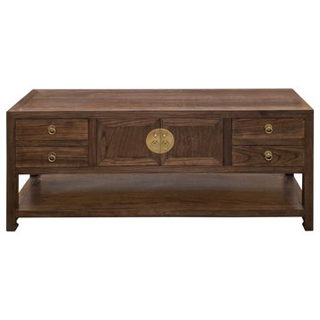 Chinese Oriental Brown Stain Low TV Console Moon Face Table Cabinet Hcs7572
