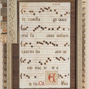Old sheepskin music page reframed in custom stacked squares and Celtic pattern