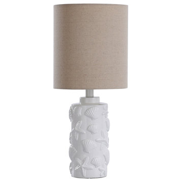 Hand carved Seashell Motif Accent Lamp in White Finish White Drum Fabric Shade