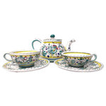 Bonechi Imports - Deruta Labor Ceramiche Galletto Green Teapot and 2 Tea Cups with Saucers - Enjoy tea for two with this lovely hand painted Italian ceramic set. The pattern Galletto is a classic favorite from the town of Deruta in the region of Umbria. The teapot has the proud gallo, or rooster, which is said to bring good luck to the home.