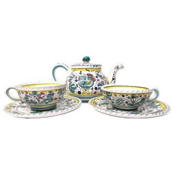 Deruta Labor Ceramiche Galletto Green Teapot and 2 Tea Cups with Saucers