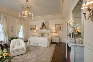 Example of a large transitional master dark wood floor bedroom design in New York with pink walls, a standard fireplace and a stone fireplace