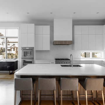 Contemporary Kitchen Design Two Tone White High Gloss & Grey Wood Print Melamine