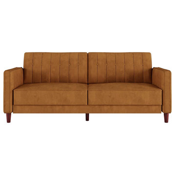 Vintage Futon Sofa, Padded Seat & Button Tufted Split Back, Rust Velvet