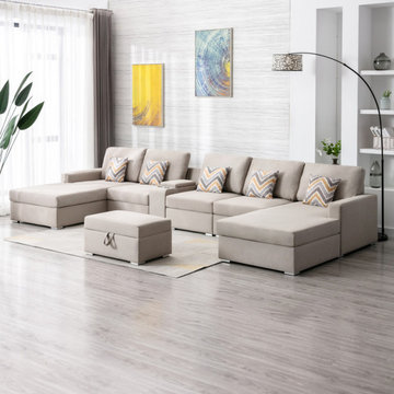Nolan 163" Linen 7Pc Double Chaise Sectional Sofa with Interchangeable Legs, Sto