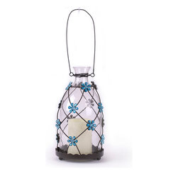 Glitzhome - Generic Led Iron And Glass Daisy Lantern 10.43", Blue - Candleholders