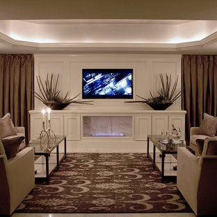 Photo of a large traditional enclosed home cinema in Atlanta with multi-coloured walls, vinyl flooring and a built-in media unit.