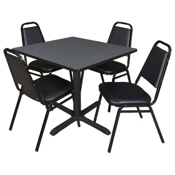 Cain 36" Square Breakroom Table- Grey & 4 Restaurant Stack Chairs- Black