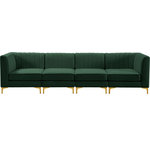 Meridian Furniture - Alina Velvet Upholstered 4-Piece Modular Sectional, Green - Bring modern beauty to your space with the addition of this Alina Velvet Modular Sofa. This beautiful sofa features deep channel tufting to ramp up its visual interest and add to its resilient demeanor. Its soft green velvet upholstery blends nicely with existing elements in your room and is sleek to the touch, making this seat a super comfortable one. Part of the modular Alina collection, this sofa has a latch that attaches it to other pieces to create your custom seating arrangement.