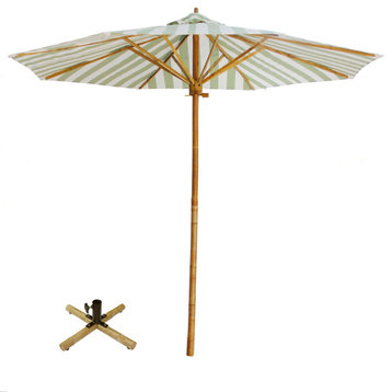 7 Foot Bamboo Umbrella With Pottery Polyester Canvas, Celadon Stripe