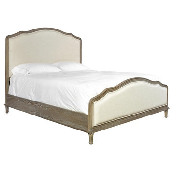 French Oak Camelback Queen Upholstered Panel Bed