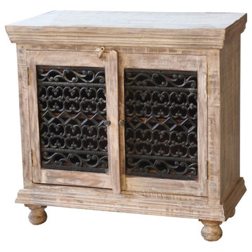 36" Solid Wood Base 2 Iron Lace Doors Accent Server Cabinet