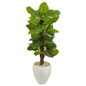 5' Large Leaf Philodendron Artificial Plant, White Oval Planter, Real Touch