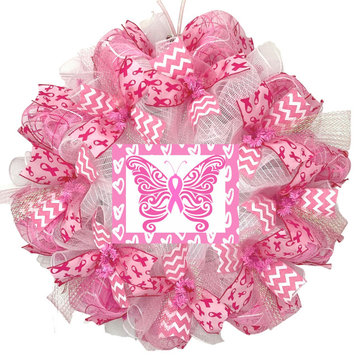 Breast Cancer Awareness Pink Butterfly Wreath Handmade Deco Mesh