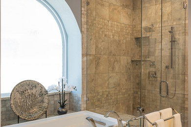 Inspiration for a mid-sized contemporary master beige tile and ceramic tile ceramic tile bathroom remodel in Dallas with raised-panel cabinets, dark wood cabinets, blue walls, a drop-in sink and granite countertops