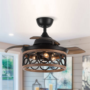 36 in 3 Retractable Blades Ceiling Fan in Matte Black, Wall Control