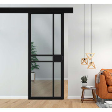 Industrial Loft Style Sliding Barn Door With Glass & Panels , 24"x81", Clear, Black Painted (Finish)