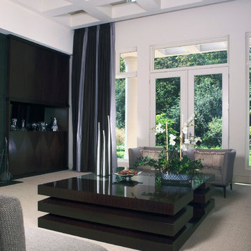 Living Room with Floor to Ceiling Windows and Coffer Ceiling Detail