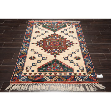 4'7''x6' Hand Knotted Wool Kazakh Oriental Area Rug Ivory, Blue