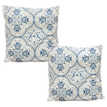Benzara UPT-272777 Square Cotton Accent Throw Pillow, Damask Print, Blue/White