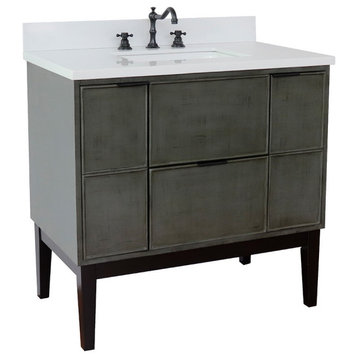 37" Single Vanity, Linen Gray Finish With White Quartz Top And Rectangle Sink