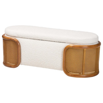 Nirmal Cream Boucle Storage Bench With Woven Rattan