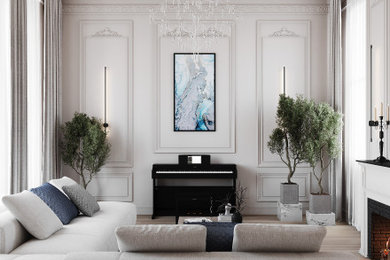Inspiration for a victorian grey and black living room in London with a standard fireplace, a stone fireplace surround and panelled walls.