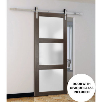 Barn Door 30 x 80 Frosted Glass, Lucia 2552 Chocolate Ash, Silver 6.6FT