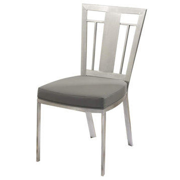 Set of 2 Dining Chair, Stainless Steel Frame & Faux Leather Cushioned Seat, Grey