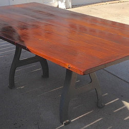 Reclaimed corral wood dining table with antique lathe machine legs - Products