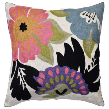 Floral Pillow Cover Hibiscus Modern Flower Cushion Hand Embroidered Wool 18x18