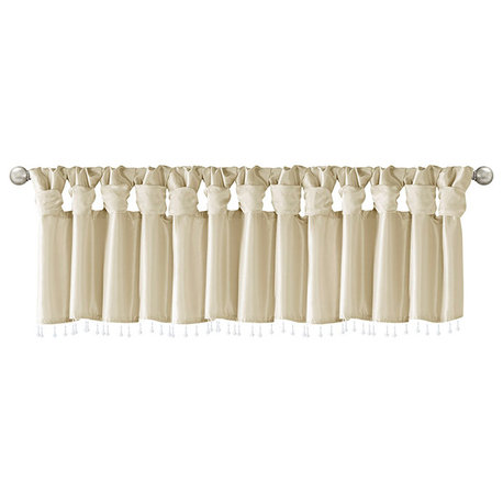 Madison Park Emilia Silky Twist Tab With Bead Trim Window Valance, Champagne