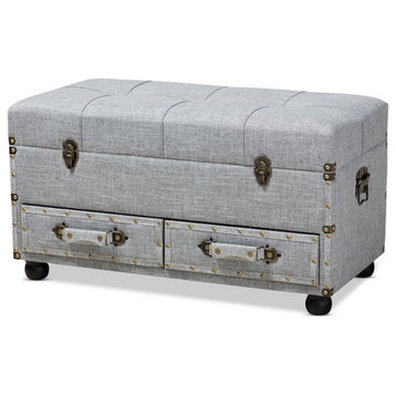 Bowery Hill Grey Upholstered 2-Drawer Storage Trunk Ottoman