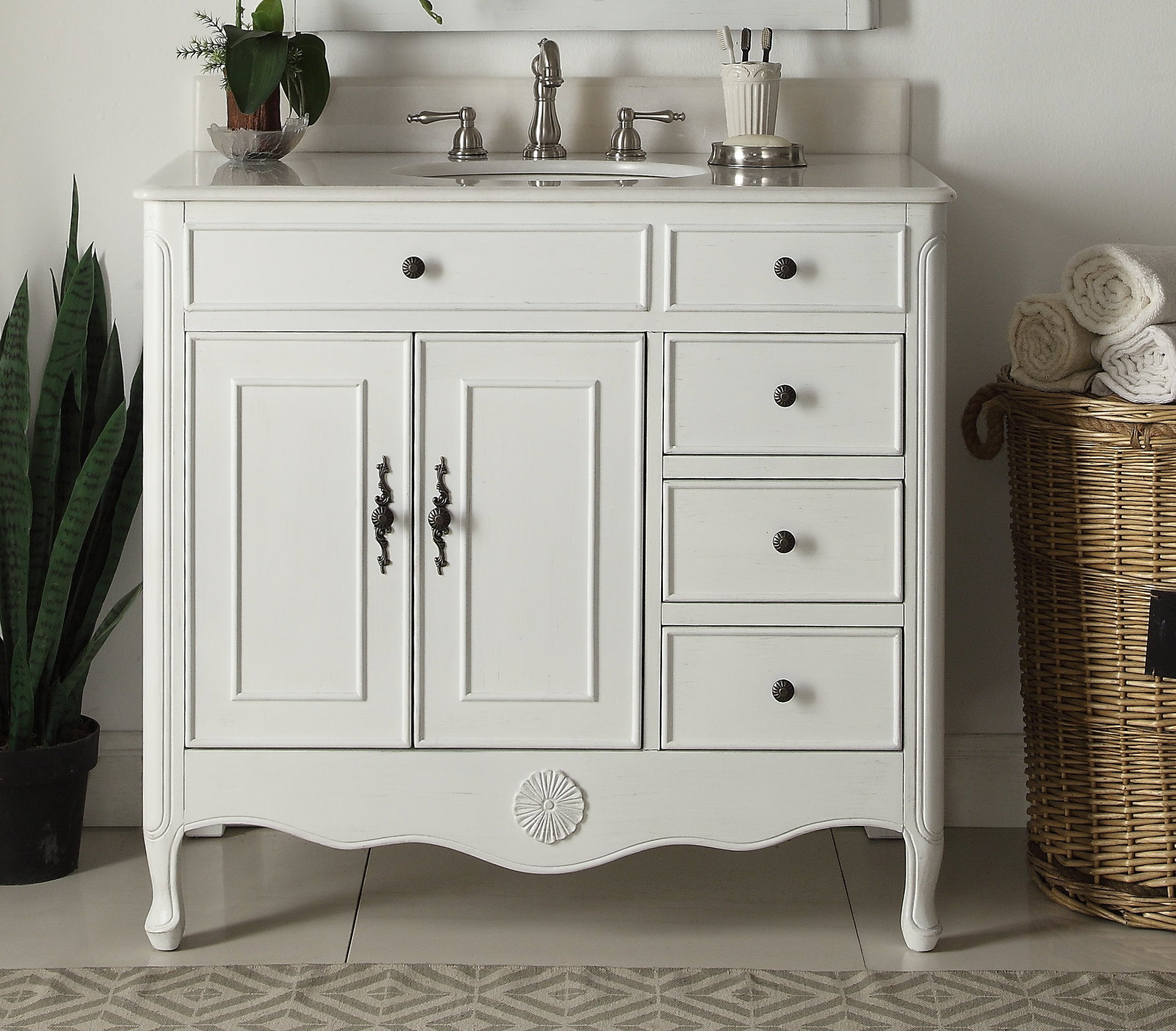 38 Inch Distressed Antique White Cottage Style Daleville Bathroom Sink ...
