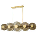 Hudson Valley - Griston 10-Light Island Light, Aged Brass - Discs of ribbed clear smoke glass capped in Aged Brass take cues from rippling waves to create the glamourous retro aesthetic of Griston. When lit, this vintage-inspired design casts a warm, golden glow, delivering just the right amount of sparkle.