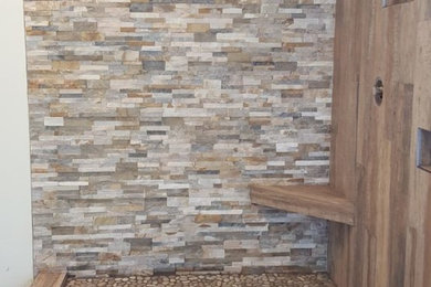 Shower – Wood-look Tile, Quartzite Ledger, and Pebbles