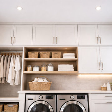 Custom Laundry Room Cabinets with Hanging Storage and Open Shelving