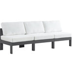 Meridian Furniture - Nizuc Water Resistant Patio Modular Straight Sofa, White, 3-Piece: 3 Armless Chair, Dark Gray Aluminum Frame - Pick and choose your favorites from the Nizuc collection to create a modular seating group the whole gang will enjoy. The sturdy aluminum frame provides dependable support for friends and family as they relax and unwind, and the resilient white water resistant fabric stands up to the elements without losing its beautiful demeanor, so you can count on it lasting for the long haul. Latches beneath these seating pieces help you easily attach them to one another for convenient setup.