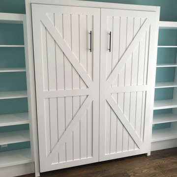 Custom Built Farmhouse Style Vertical Queen Murphy Bed with Side Shelving