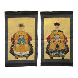 Pair Chinese Small Canvas Color Ink Royal Lady Gentleman Ancestor Paint Art - Wall Accents