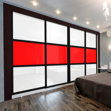 4 Panels Sliding Bypass Closet Doors with White & Red Glass Imserts, 90"x84" Inches, Primed