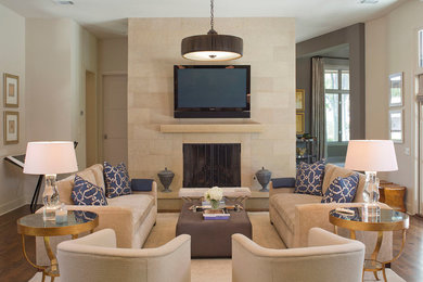 Large minimalist open concept dark wood floor living room photo in Austin with white walls, a standard fireplace, a stone fireplace and a wall-mounted tv