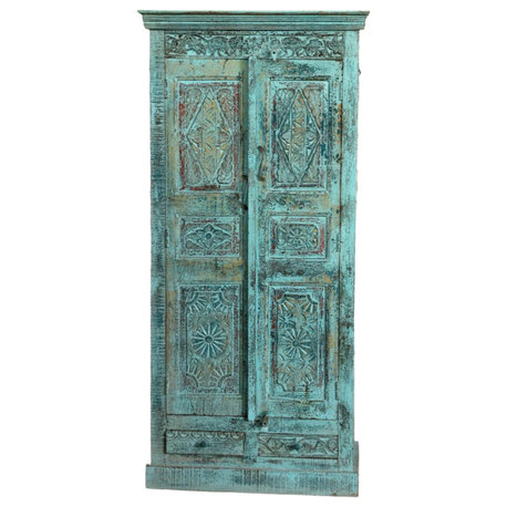 Consigned Antique Armoire Blue Hand Carved Farmhouse Cabinet  81