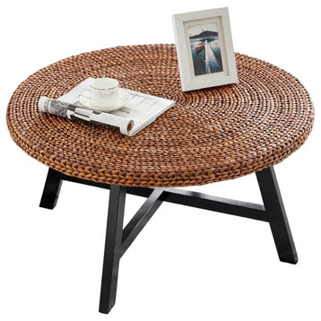 Classic Rustic Coffee Table, Crossed Wooden Base & Round Seagrass Top, Gold
