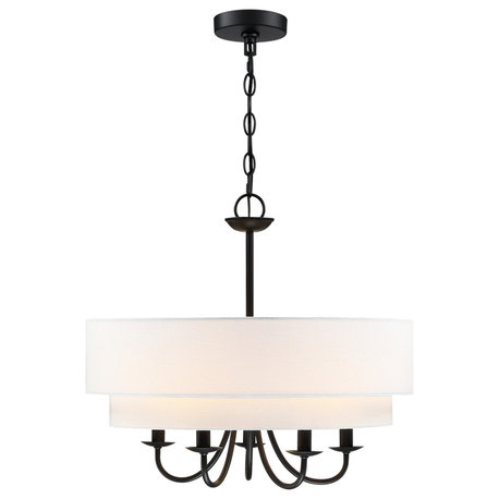 21.5"W 5-Light Black Chandelier Light With White Double Drum Shade