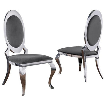 Classy Round Back Dark Gray Velvet Side Chairs with Silver Legs (Set of 2)
