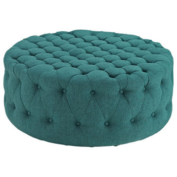 Classic Ottoman, Round Fabric Upholstery With All Over Button Tufting, Teal