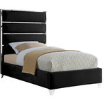 Meridian Furniture - Zuma Velvet Upholstered Bed, Black, Twin - You'll fall fast and hard for the contemporary beauty of this Zuma Black Velvet Twin Bed. The sleek velvet upholstery is not just supple and smooth to the touch - it also lends the bed an uber modern look from top to bottom. A chrome channel design draws the eye instantly to this fabulous bed, while chrome legs ensure the support it needs to support the mattress of your choice.