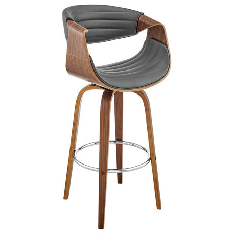 Arya Swivel Bar Stool, Faux Leather and Wood, Gray and Walnut, 30"